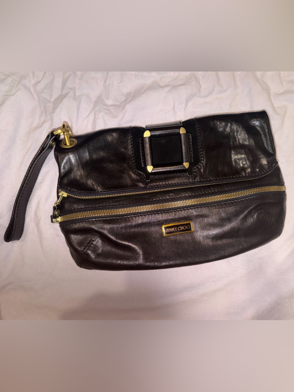 Jimmy Choo Oversized Black Fold Over Leather Wristlet Clutch